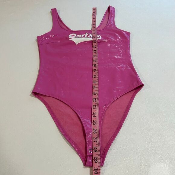 Forever 21 x Barbie Hot Pink Logo Bodysuit Size S Vinyl Barbiecore One Piece - Picture 5 of 6